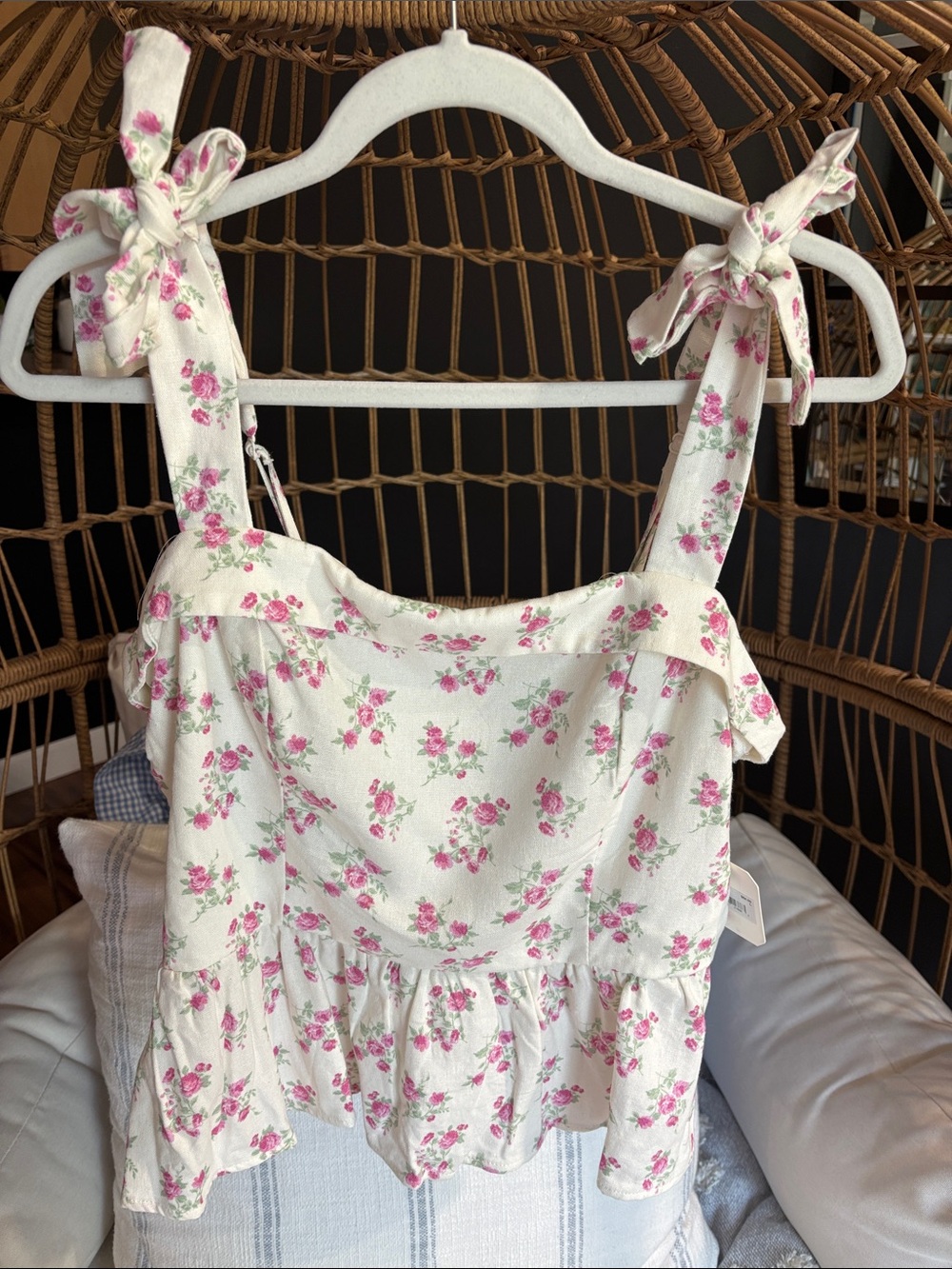 Altar’s State Bow Shoulders Linen Top Large, New